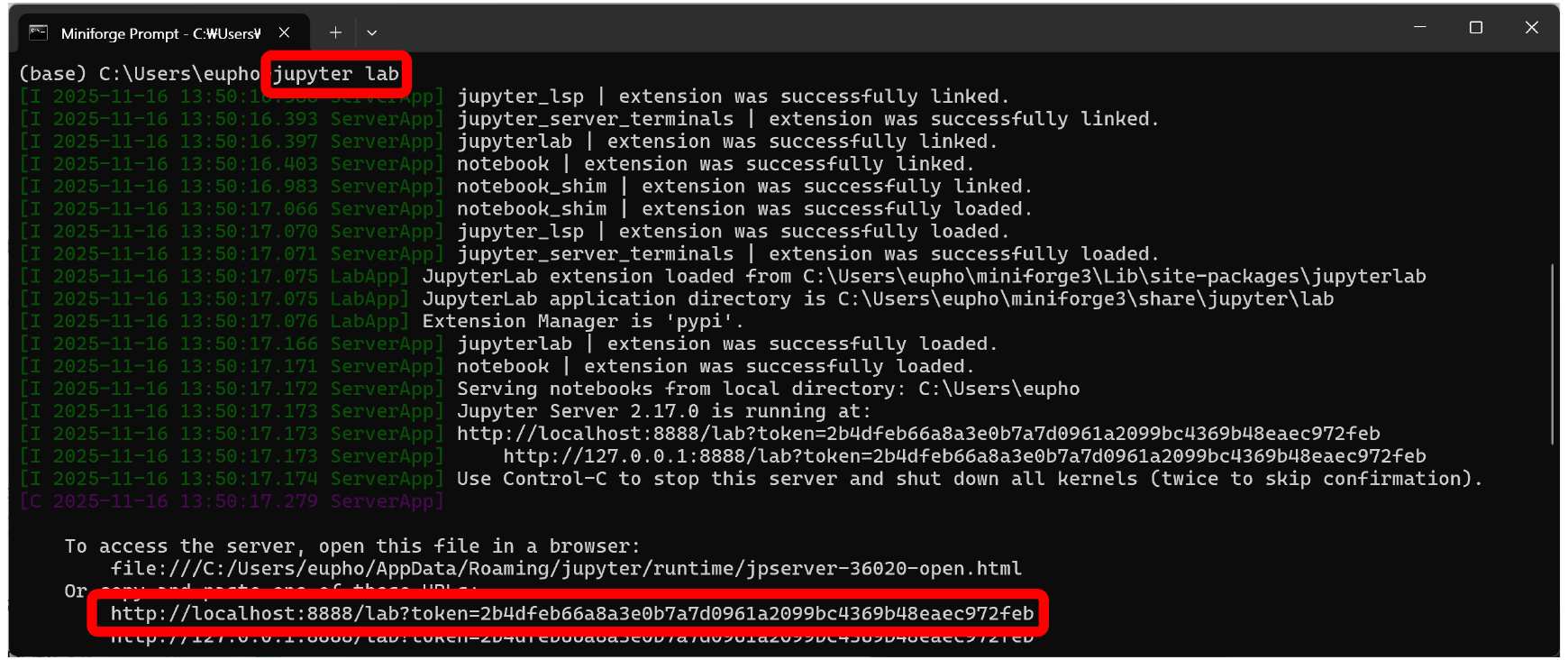 Miniforge Prompt에 jupyter lab을 입력하고 브라우저 접속 주소를 확인하는 화면