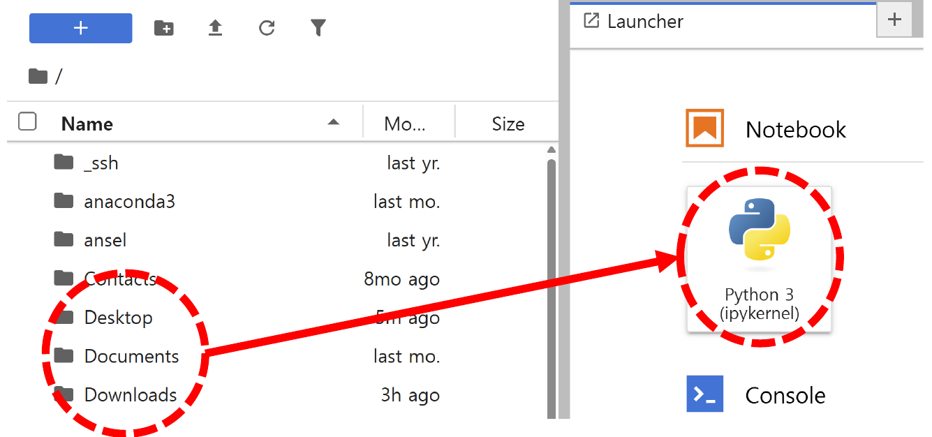 작업 폴더를 선택한 뒤 Launcher의 Notebook에서 Python 3을 선택하는 화면